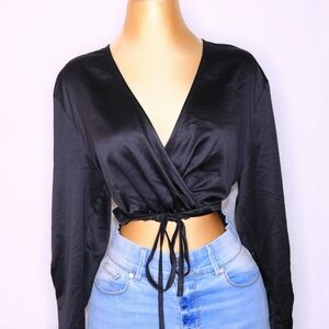 Nordstrom Open Edit Satin Long sleeves crop top tie waistline size medium